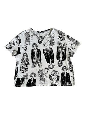 Zara Black & White Illustration Print Short Sleeve Tee